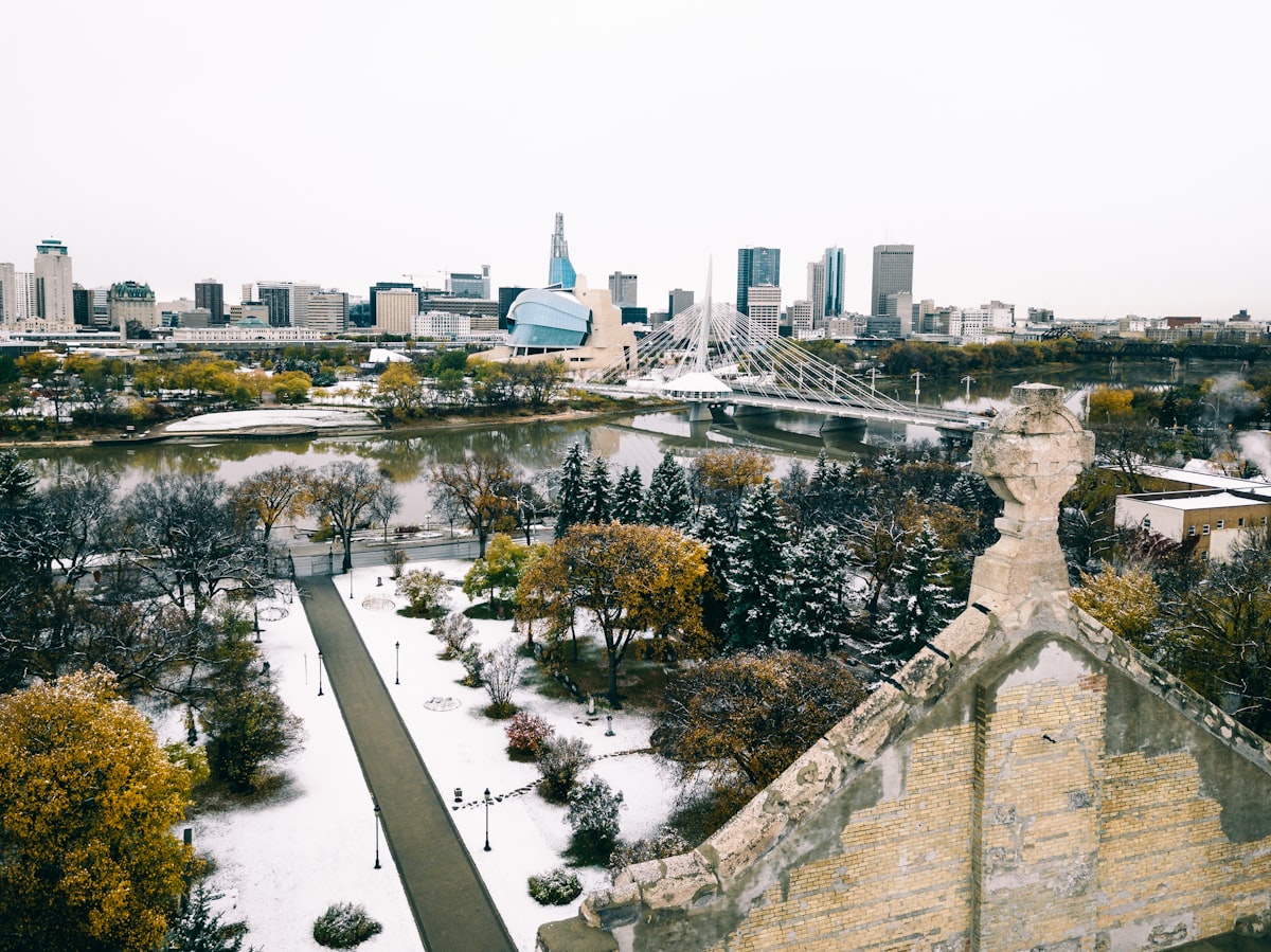 Winnipeg skyline and the Red River viewed from above the city