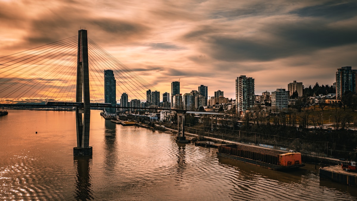 New Westminster skyline and waterfront at sunset