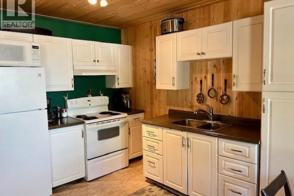 Kitchen with white cabinets, white appliances, and wood-paneled walls. - Cabin 94 At Clearwater Regional Park, Lacadena Rm No  228