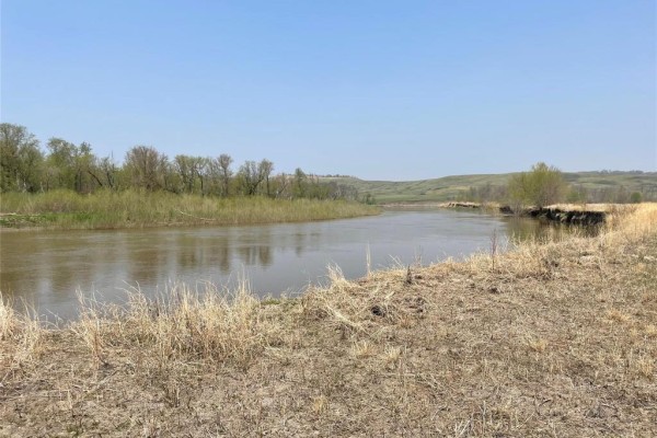A wide river flows through a landscape of dry grass, with a line of trees and rolling hills in the background. - , Miniota