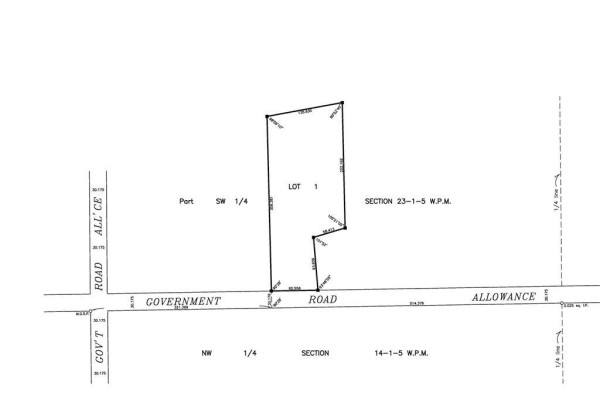 Survey map of Lot 1 showing dimensions, boundaries, and adjacent roads and sections. - , Morden