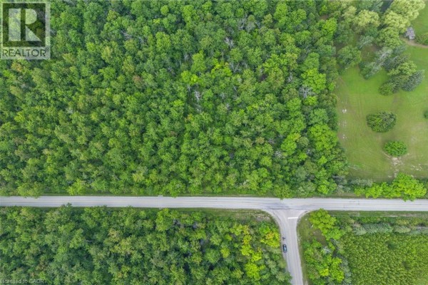 Direct overhead aerial view of a paved road intersection surrounded by dense green forest. - . Fourth Line Nassagaweya, Milton