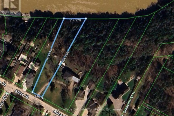 Aerial view showing property lines and dimensions for a wooded lot on Alice Street. - 0 Alice Street, Saugeen Shores