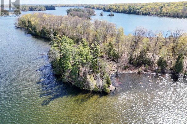Aerial view showing a tree-covered point of land extending into a clear lake. - 0 Applewood Lane, Frontenac