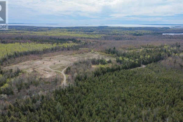 Aerial drone view of a partially cleared wooded area featuring a small pond and access tracks. - 0 Base Line Rd, Hilton Beach