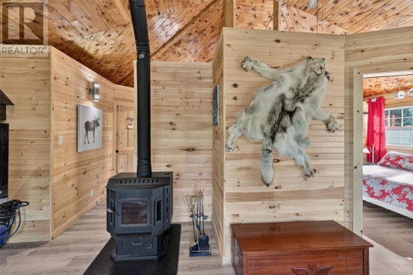 Interior room with wood-paneled walls, a wood stove, and a mounted wolf pelt on the wall. - 0 Dam Pond Road, Brigus Junction