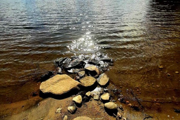 Rocky shoreline with sand and shallow, sunlit water reflecting the sky. - 0 Fire Route 267, Trent Lakes