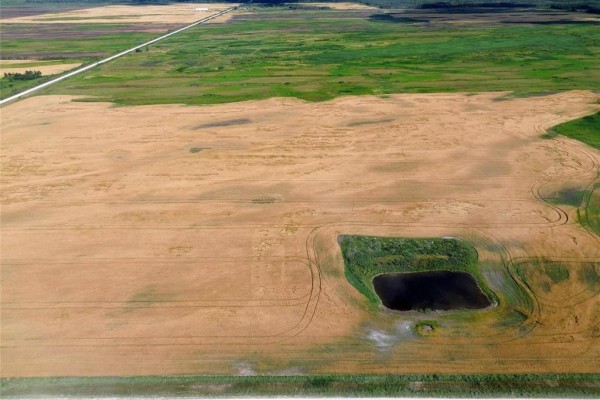 Overhead view shows farmland with rows of crops and grass, alongside a gravel road. - 0 Moore Dale Road, Ste Rose Du Lac