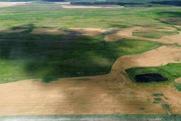 Expansive green farmland with a gravel road on the right and a distant treeline. - 0 Moore Dale Road, Ste Rose Du Lac