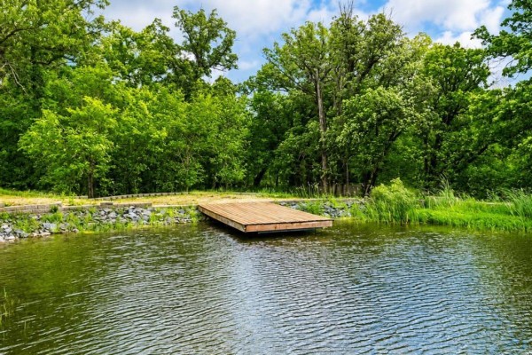 A wooden dock sits in a tranquil pond surrounded by lush green trees and vegetation. - 0 Old Bog Road, Lorette