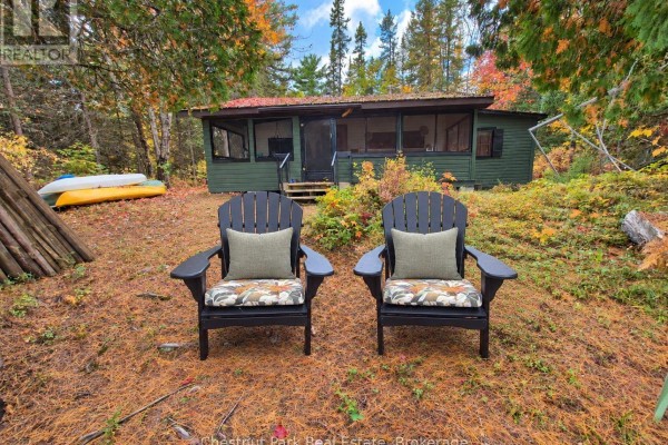 Two Adirondack chairs sit on a pine needle-covered yard in front of a green cottage. - 0 Rock Lake Road, Algonquin Highlands