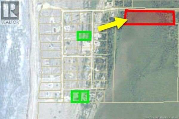 Aerial map highlighting a red property lot with a yellow arrow pointing to it. - 0 Ward/miscou Road, Miscou