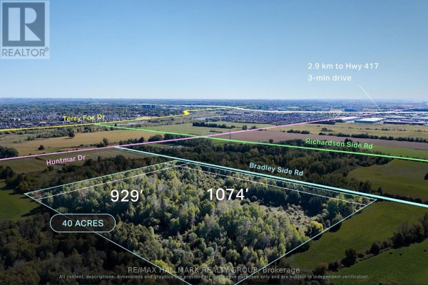 Aerial view showing the dimensions of 40 acres of wooded land with surrounding roads and suburban development. - 00 Bradley Side Road, Ottawa