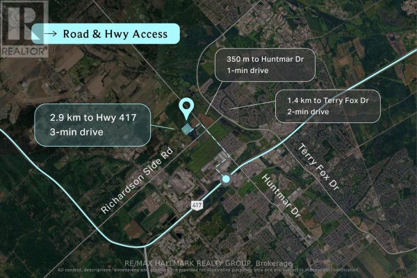 Map highlighting the proximity of the property to Richardson Side Rd, Huntmar Dr, Terry Fox Dr, and Highway 417. - 00 Bradley Side Road, Ottawa