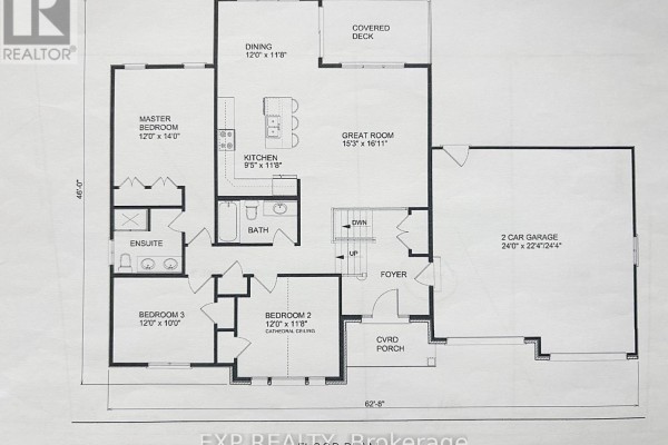 Floor plan of a single-story house with three bedrooms, ensuite, bath, kitchen, dining, great room, and two-car garage. - 00 Storyland Road, Horton
