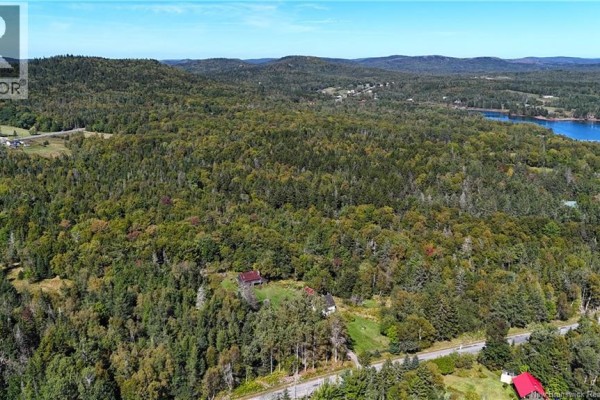 Aerial perspective of hilly terrain with dense forest and snow, road running along the bottom edge. - 000 Harkness Road, Saint Andrews