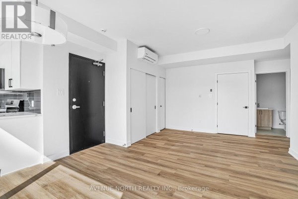 Living area with light wood floors, white walls, black door, and air conditioning unit. - 03 - 391 Dieppe Street, Ottawa