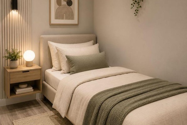 Bedroom with a single bed, nightstand, and a globe lamp. - 1 - 50 Pape Avenue, Toronto