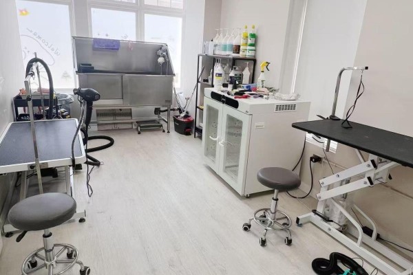 A grooming area with two adjustable tables, a bathing tub, a dryer, and various pet supplies. - #1 - 71 Cathedral High Street, Markham