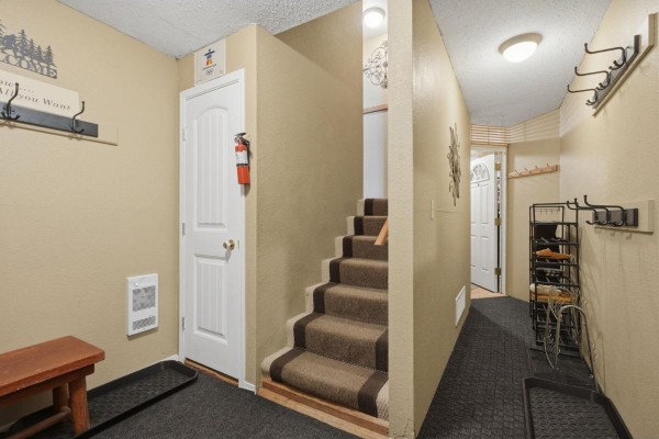 Interior entranceway with beige walls, brown carpeted stairs, coat hooks, shoe rack, and a fire extinguisher. - 1 20944 Snowflake Crescent, Agassiz