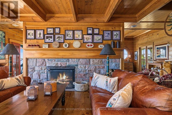 Living room with stone fireplace, leather sofa, and wood-paneled walls - 1 A307 Island The Archipelago