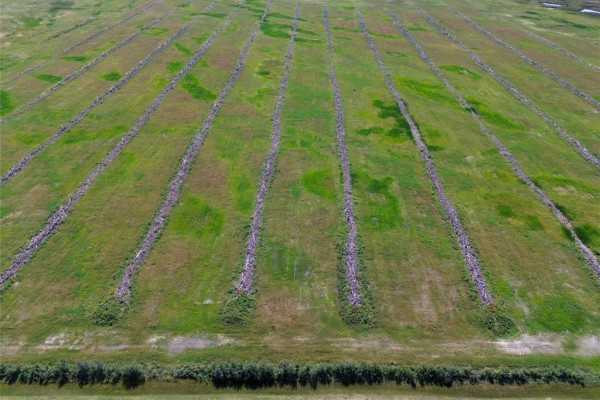 Aerial view of green fields with rows of debris, rolling terrain, and a distant treeline under a cloudy sky. - 1 Cayer Road, Ste Rose Du Lac