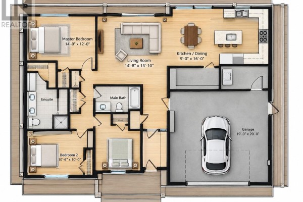 Floor plan of a three-bedroom house with living room, kitchen, dining, and garage. - 1 Southside Place, Bay Roberts