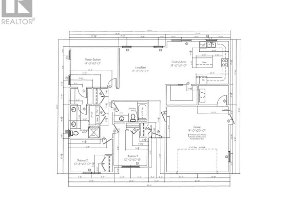 Blueprint of a three-bedroom home showing room dimensions and layout. - 1 Southside Place, Bay Roberts