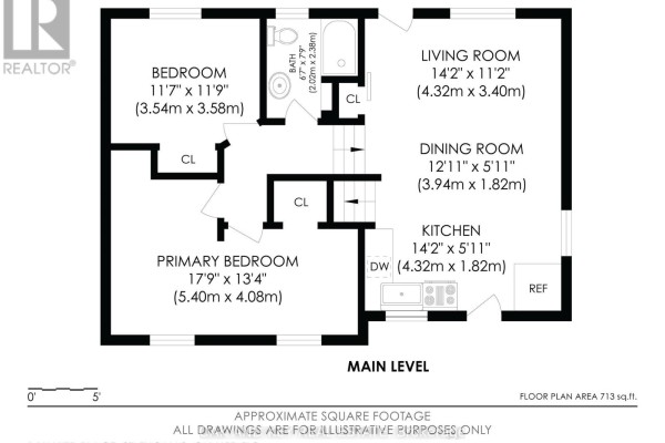 Floor plan with 2 bedrooms, 1 bath, living room, dining room, kitchen, and closets - 1 Vanier Place St Thomas