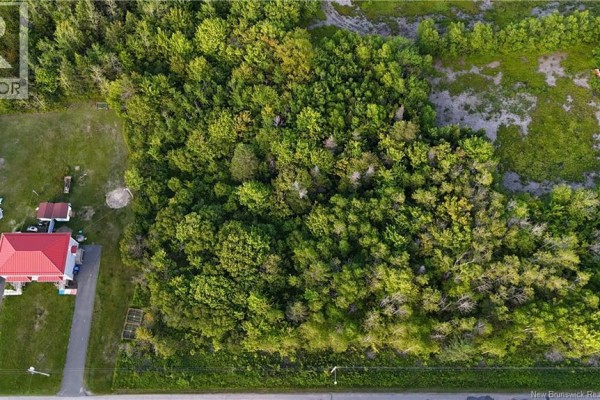 Aerial view of wooded land adjacent to a road with scattered houses and structures. - 1.42 Acre Rue De La Baie, Maisonnette