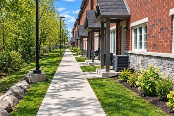 Concrete walkway lined with grass and trees alongside townhouse exteriors. - 10 - 242 Penetanguishene Road, Barrie