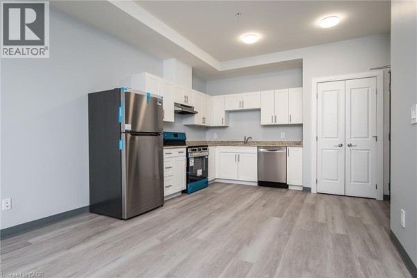 Kitchen with white cabinets, granite countertops, stainless steel appliances, and light wood-look flooring. - 10 Queen Street Unit# 203, St  Thomas