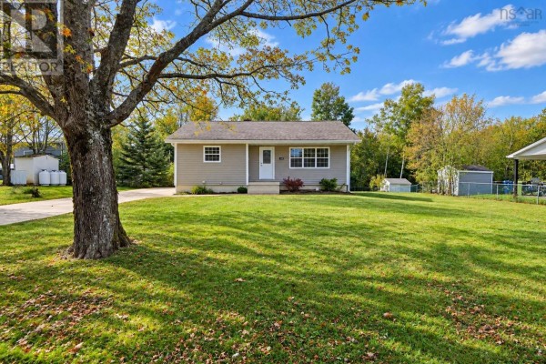 Side view of the beige bungalow with a large tree in the foreground. - 100 High Street, Stellarton