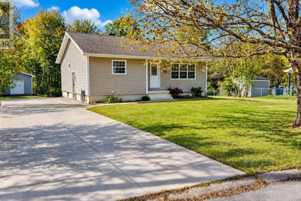 Concrete driveway leading to the beige bungalow with green lawn and trees. - 100 High Street, Stellarton