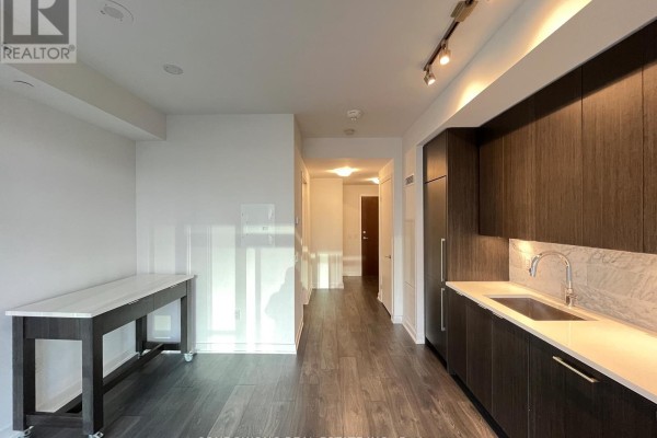 Apartment hallway leading to a door, with a rolling island counter on the left. - 1003 - 38 Iannuzzi Street, Toronto