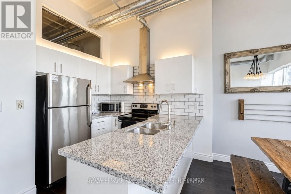 White kitchen with granite countertops, stainless steel appliances, and a subway tile backsplash. - 1005 - 700 King Street W, Toronto