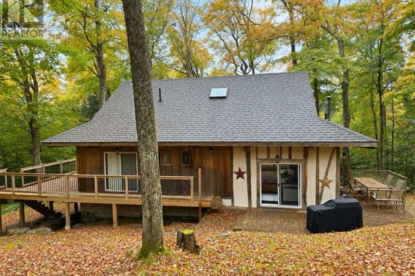 A rustic wooden cottage surrounded by fall foliage, with a large deck and outdoor dining area. - 1005 Mcarthur Point Road, Lake Of Bays