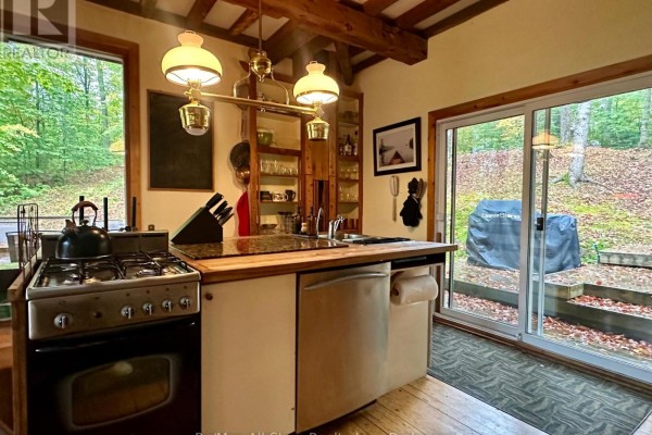 A compact kitchen with stainless steel appliances, wooden countertops, and a gas stove, with a sliding glass door to the outside. - 1005 Mcarthur Point Road, Lake Of Bays
