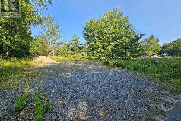 View of a grassy lot with scattered trees, a wooden post, and buildings in the distance. - 1006 Bowyers Beach Road, Bracebridge)