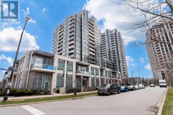 Exterior view of tall condo buildings with balconies and glass facades. - 1008 - 120 Harrison Garden Boulevard, Toronto