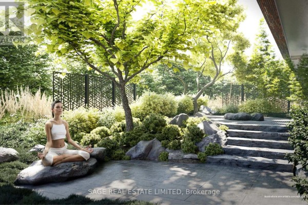 Outdoor garden area with stone steps, rocks, trees, and a woman meditating. - 101 - 109 Erskine Avenue, Toronto