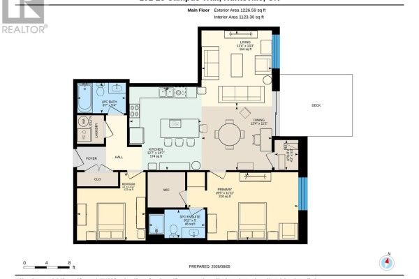 Floor plan of a two-bedroom apartment with living, dining, kitchen, two bathrooms, laundry, and deck. - 101 - 23 Campus Trail, Huntsville