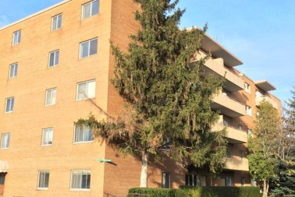 Exterior view of a multi-story brick apartment building with balconies and trees. - 483 Linwell Road, St  Catharines