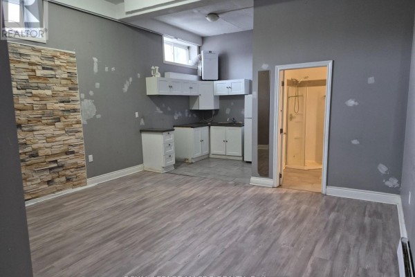 Studio space with grey walls, kitchenette, and a shower stall entrance. - 101 - 624 King Street E, Cambridge