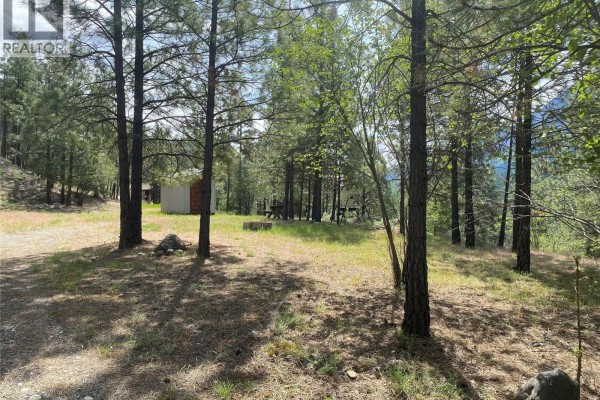 Small shed with a metal roof in a clearing with picnic tables and trees. - 101 Airport Road, Lillooet