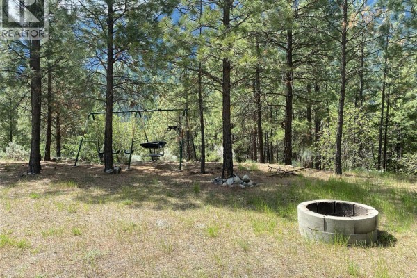 Metal swing set and concrete fire pit in a grassy area surrounded by trees. - 101 Airport Road, Lillooet