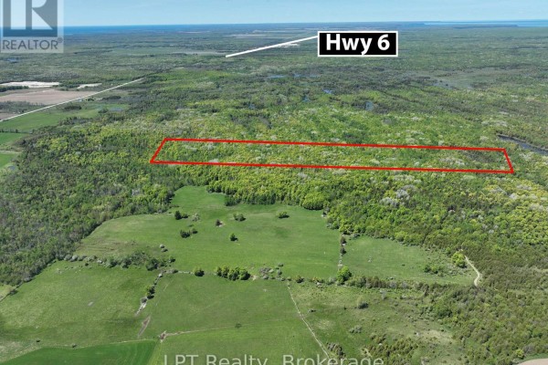 Aerial view of a large, long parcel of forested land outlined in red, bordering undeveloped terrain. - 101 Log Cabin Lane, South Bruce Peninsula
