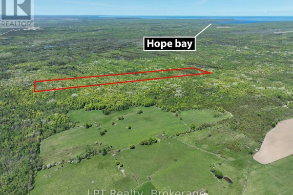 Aerial view of a rectangular plot of forested land, bordered by trees and natural landscape. - 101 Log Cabin Lane, South Bruce Peninsula