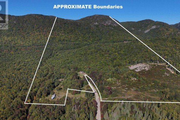 Aerial view showing approximate property boundaries in a wooded, hilly landscape with a small red house. - 101 Millbrook Road, Wreck Cove