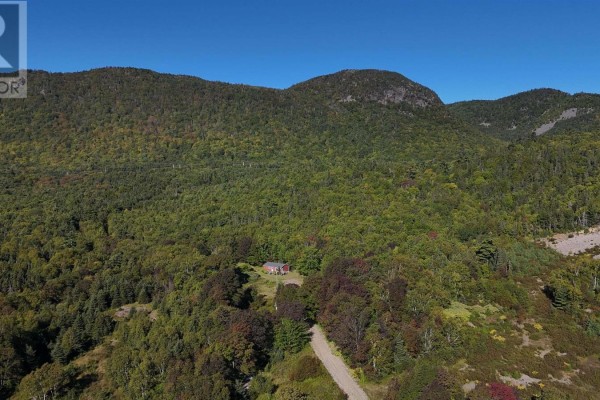 Drone shot of a red house nestled among trees, with a dirt road leading to it and mountains behind. - 101 Millbrook Road, Wreck Cove